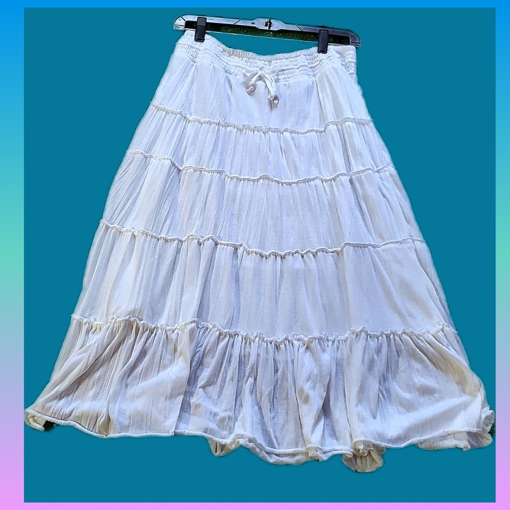 Tiered White Midi Skirt